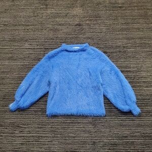 Line & Dot Size S Blue Alder Fuzzy Balloon Sleeve Mock Neck Pullover Sweater